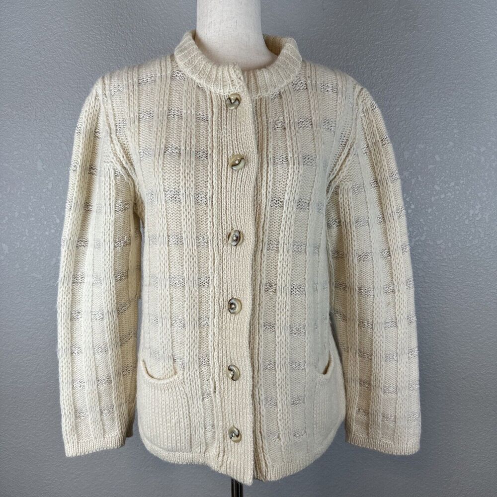 Vintage Cyril Cullen Irish Wool Button Fisherman Cardigan Sweater Ivory Size L